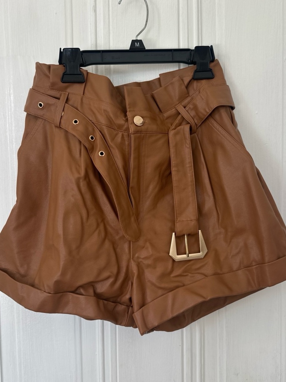 High-Waist Brown Faux Leather Paperbag Shorts with Belt